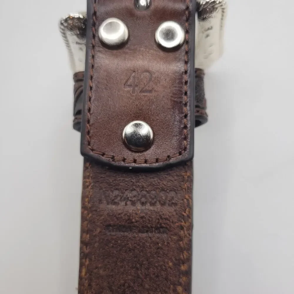 Nocona Belt Mens 42 Brown Leather Tooled Floral Western Cowboy Silver Buckle